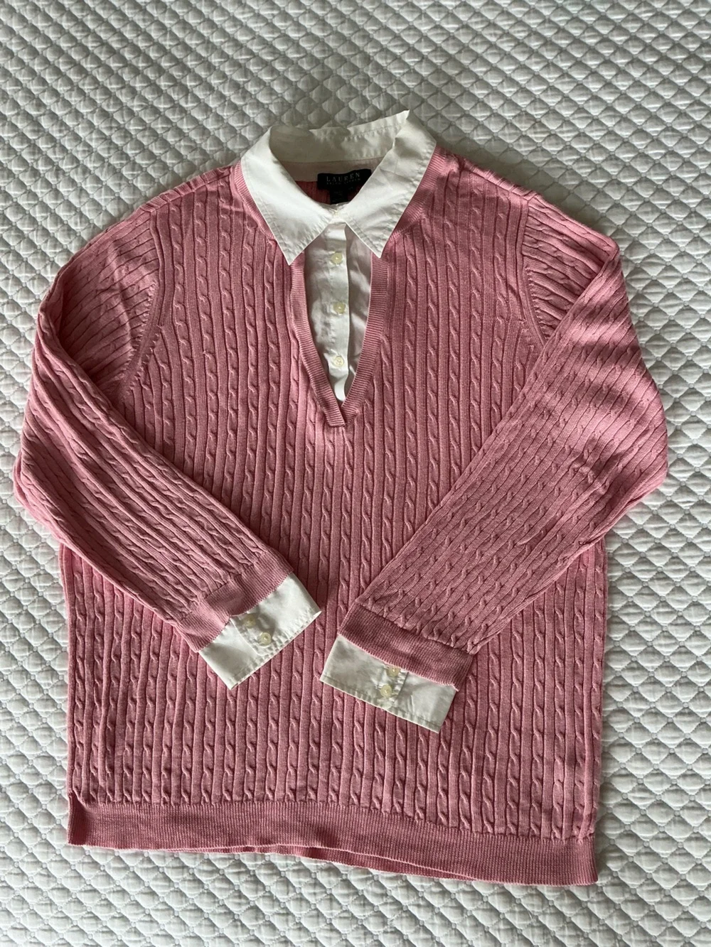 Lauren Ralph Lauren Pink Silk Blend Cable-Knit Sweater with White Collar 2X